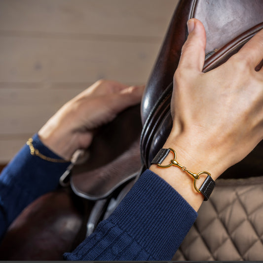 Armband tvådelat bett guldpläterat rostfritt stål & brunt läder