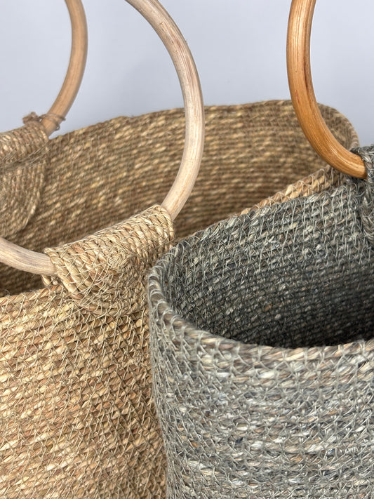 Väska i jute med trähandtag natur/grön