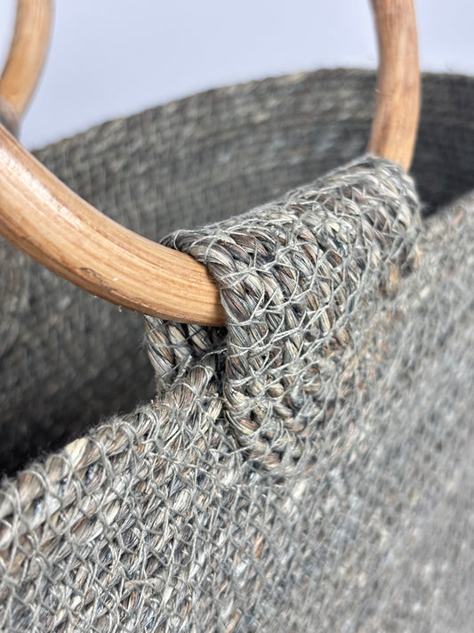 Väska i jute med trähandtag natur/grön