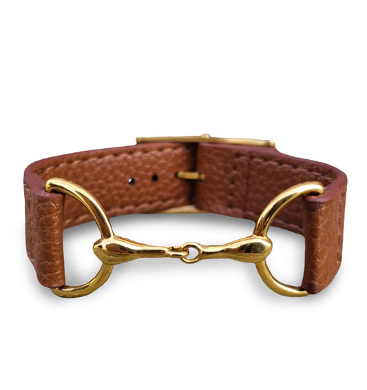 Armband tvådelat bett guldpläterat rostfritt stål & brunt läder